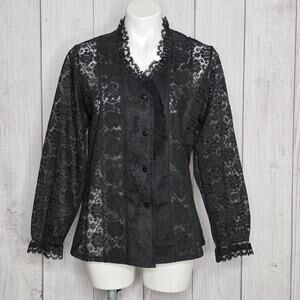 Vintage Black Lace Blouse Carefree Fashions Gothic Romantic, sz Medium